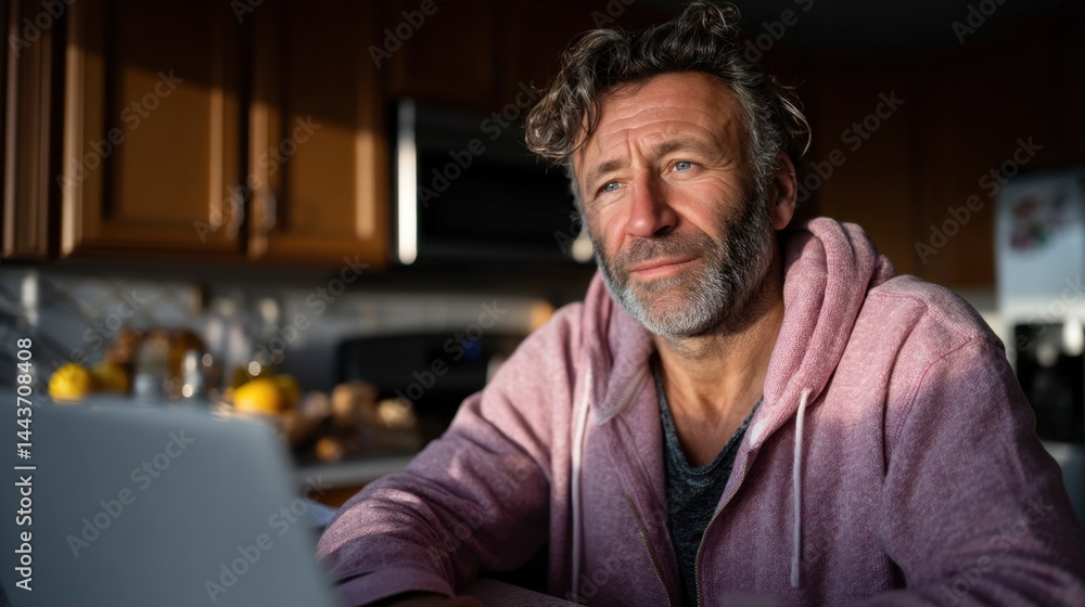 Thoughtful middle-aged man working on laptop at home with kitchen background in natural light Thoughtful middle-aged man working on laptop at home with kitchen background in natural light