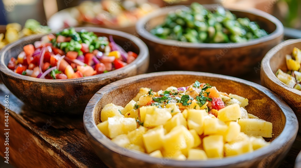 Close up of wooden bowls filled with various chopped foods on a wooden surface in a bright setting Close up of wooden bowls filled with various chopped foods on a wooden surface in a bright setting