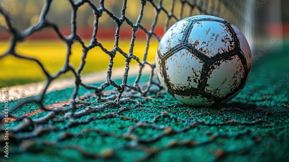 Worn soccer ball resting against net Worn soccer ball resting against net