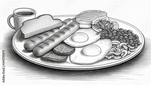 Typical full breakfast: sausages, fried eggs, black pudding, tomatoes, mushrooms, beans, fried bread, and tea.