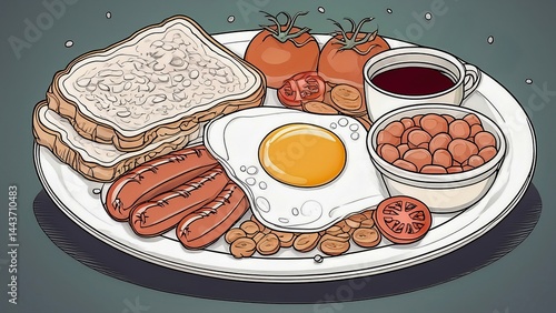 A English breakfast: sausages, fried eggs, tomatoes, beans, toast, and tea on a plate.