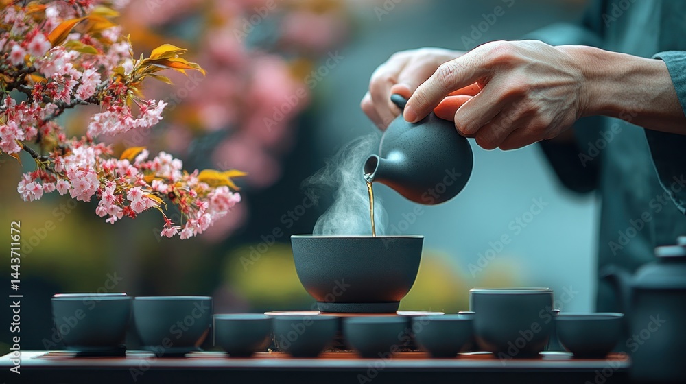 Zen tea ceremony in spring garden