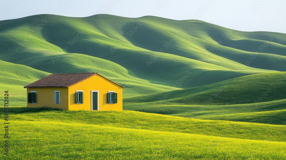 Yellow house in a rolling green landscape