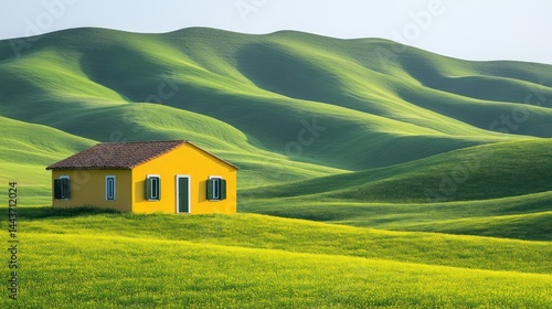 Obraz na płótnie Yellow house in a rolling green landscape w salonie