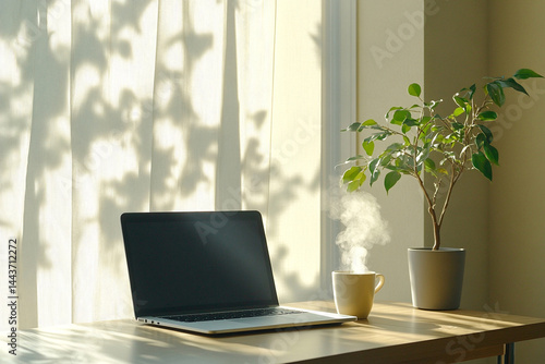 Wallpaper Mural Minimalist Office Desk with Laptop and Coffee Torontodigital.ca