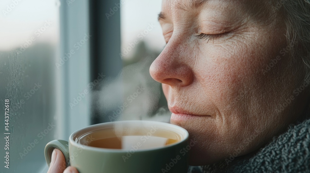 Woman enjoying warm beverage by window Woman enjoying warm beverage by window