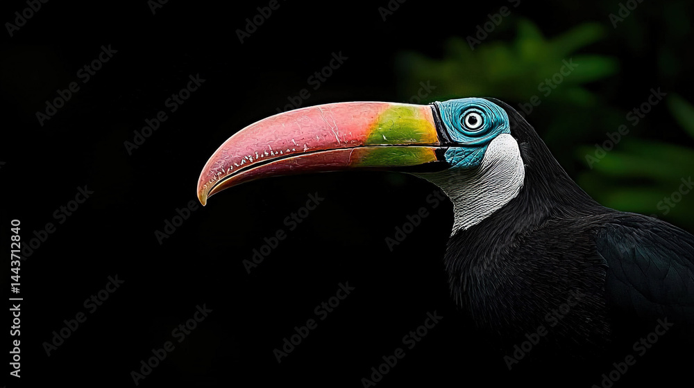 Fototapeta premium Close-up of a vibrant toucan perched against a dark backdrop with lush green foliage in the background