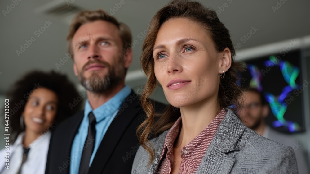 Business professionals in a meeting showing focus and confidence with DNA analysis background Business professionals in a meeting showing focus and confidence with DNA analysis background