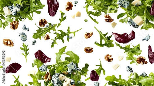   A zoomed-in photo of a variety of green veggies on a white background, adorned with nuts and crumbled blue cheese