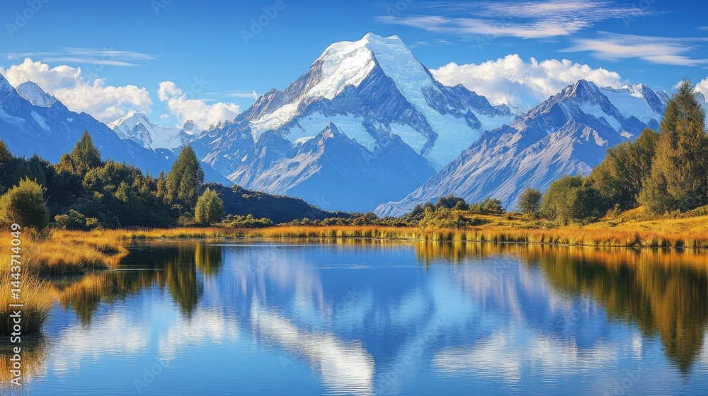 A tranquil lake surrounded by snow-capped mountains, the water reflecting the peaks A tranquil lake surrounded by snow-capped mountains, the water reflecting the peaks