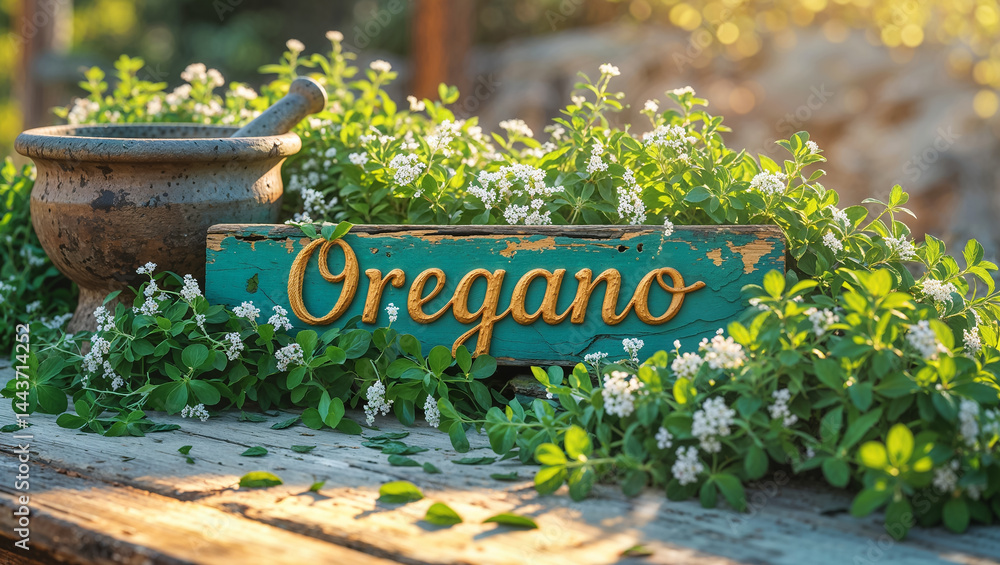 sign with oregano inscription, fresh herbs on table, sunny day