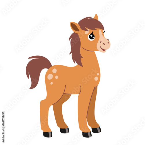 Cartoon foal. Cute small horse. Colored funny farm animal. Vector colorful illustration isolated on white background.