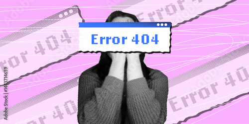 Pop-art inspired image of a person hiding face, overlaid with digital 404 error windows and pink glitch graphics on background