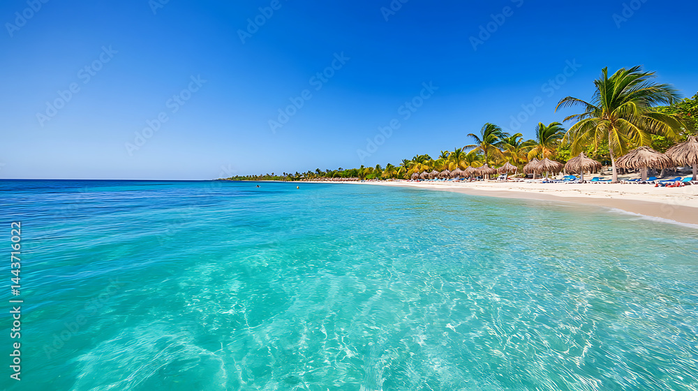 Fototapeta premium Sunny tropical Caribbean beach with palm trees and turquoise water, caribbean island vacation, hot summer day