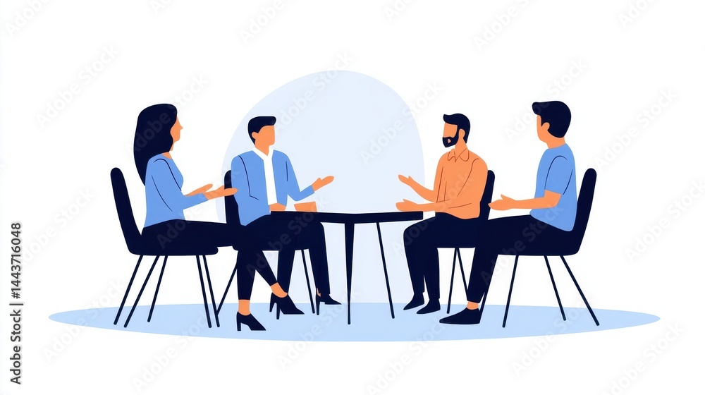 A vector image shows four people sitting at a table. They are likely discussing ideas in a meeting or brainstorming session. A vector image shows four people sitting at a table. They are likely discussing ideas in a meeting or brainstorming session.