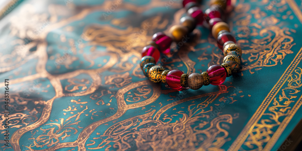 Calm Devotion: Quran and prayer beads on a gently decorative pattern