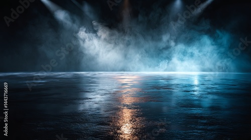A dramatic scene featuring a wet floor reflecting spotlights and a smoky atmosphere in a dark setting