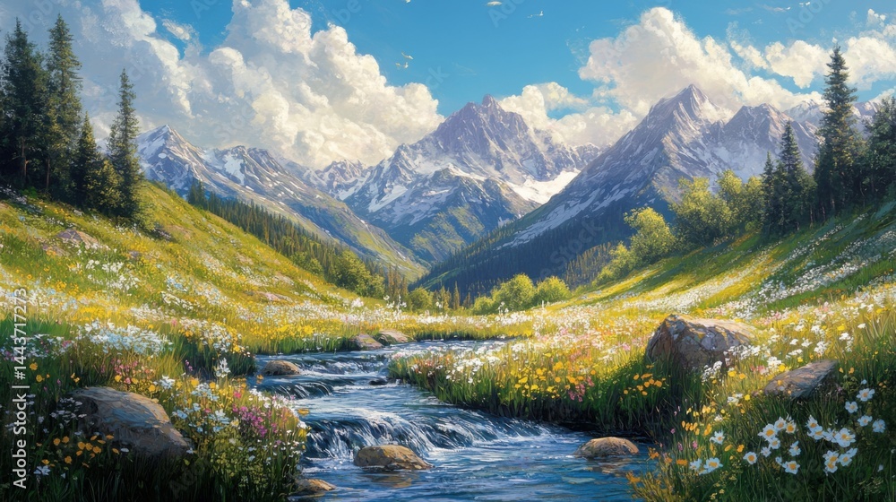 Fototapeta premium A serene mountain valley with a crystal-clear lake, surrounded by wildflowers 