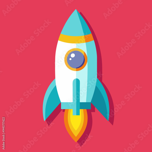 Flat vector illustration of a colorful cartoon rocket blasting off, with blue body, yellow flame, and pink background. Fun and playful design symbolizing launch, exploration, or startup.

