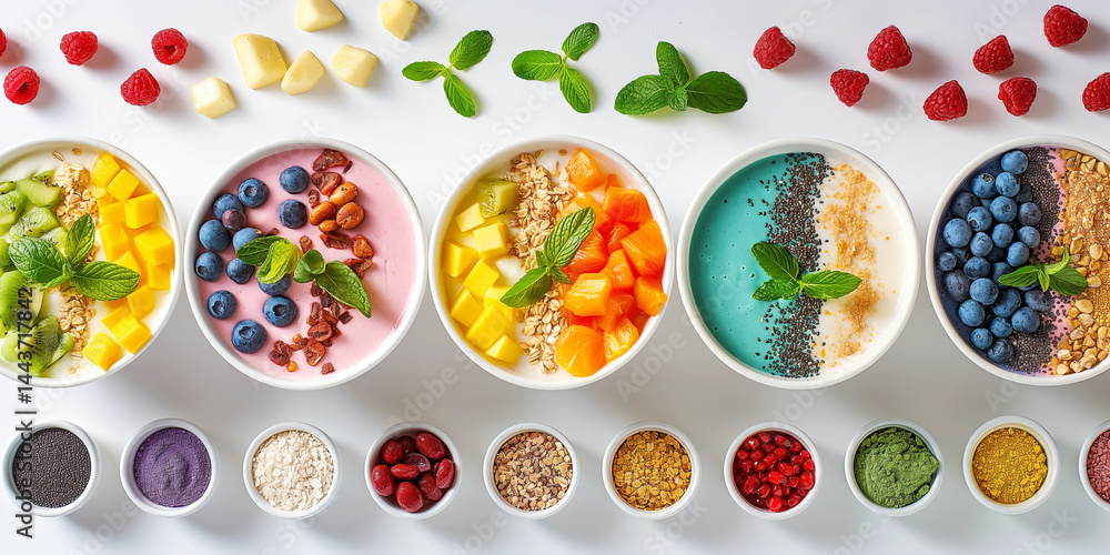 Fresh Palette: Minimalist white backdrop anchoring a swirl-topped smoothie bowl in bright hues
