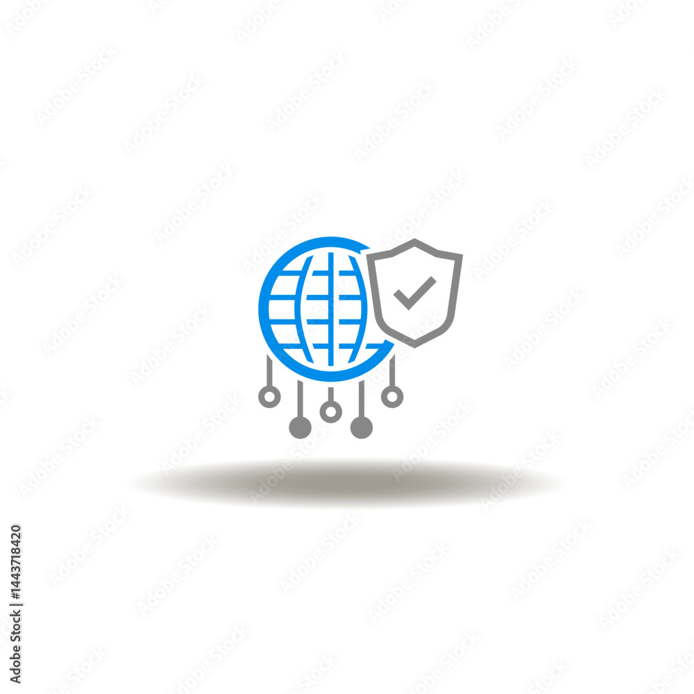Vector illustration of earth globe and shield with check mark and electronic circuit. Symbol of proxy server. Icon of digital database.