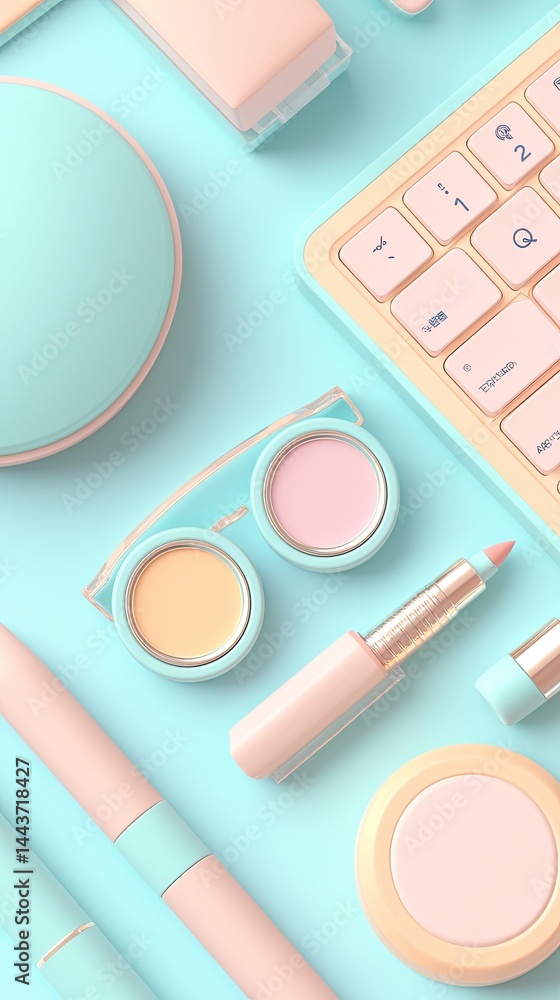 Pastel Makeup and Tech Accessories Flatlay on Blue Background Pastel Makeup and Tech Accessories Flatlay on Blue Background