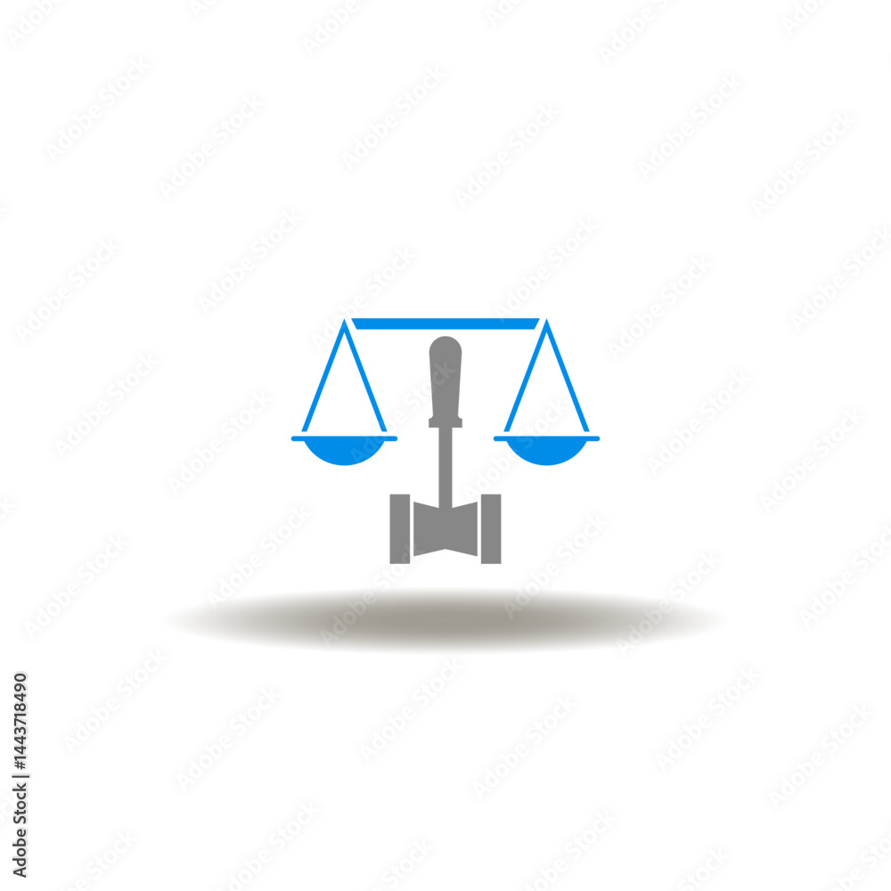 Vector illustration of gavel and scales. Symbol of justice and law. Icon of guarantee and balance of rights, freedoms and responsibilities.