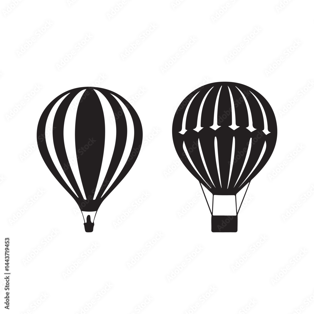 Obraz premium Two Black and White Hot Air Balloons Silhouette.Simple, elegant silhouette of two hot air balloons against a plain white background.