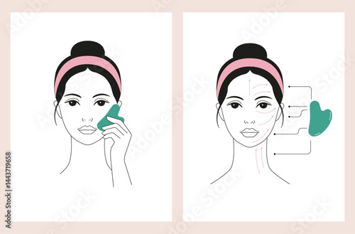 Face massage, Gua sha massage, self care, skincare illustrations. Minimalist clean design
