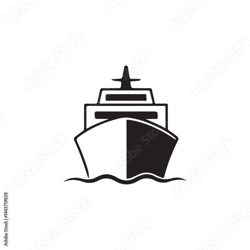 Simple black and white ship icon on white background.A stylized, black and white vector illustration of a ship's bow, appearing on a plain white background.