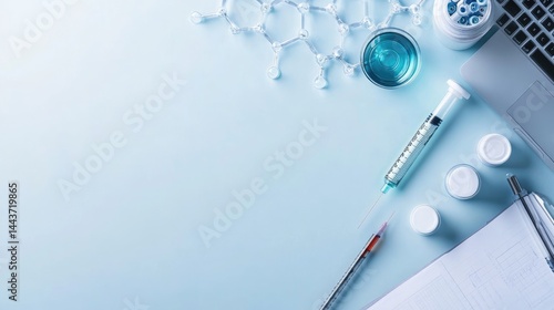 Modern scientific workspace overhead flatlay medicine and research elements