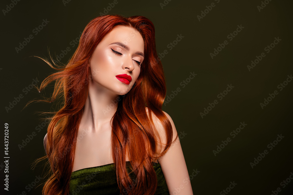 Fototapeta premium Studio portrait of stunning adorable lady wear makeup glamour party empty space isolated khaki color background