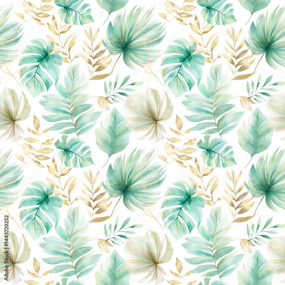 Seamless Tropical Leaves Pattern with Golden Accents on White Background Seamless Tropical Leaves Pattern with Golden Accents on White Background