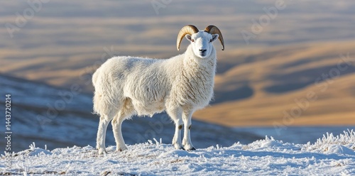 In a serene winter landscape, a majestic ram with impressive horns stands out against the snowy surroundings