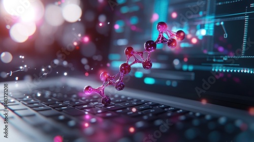 Molecular structure above laptop keyboard digital data science technology research