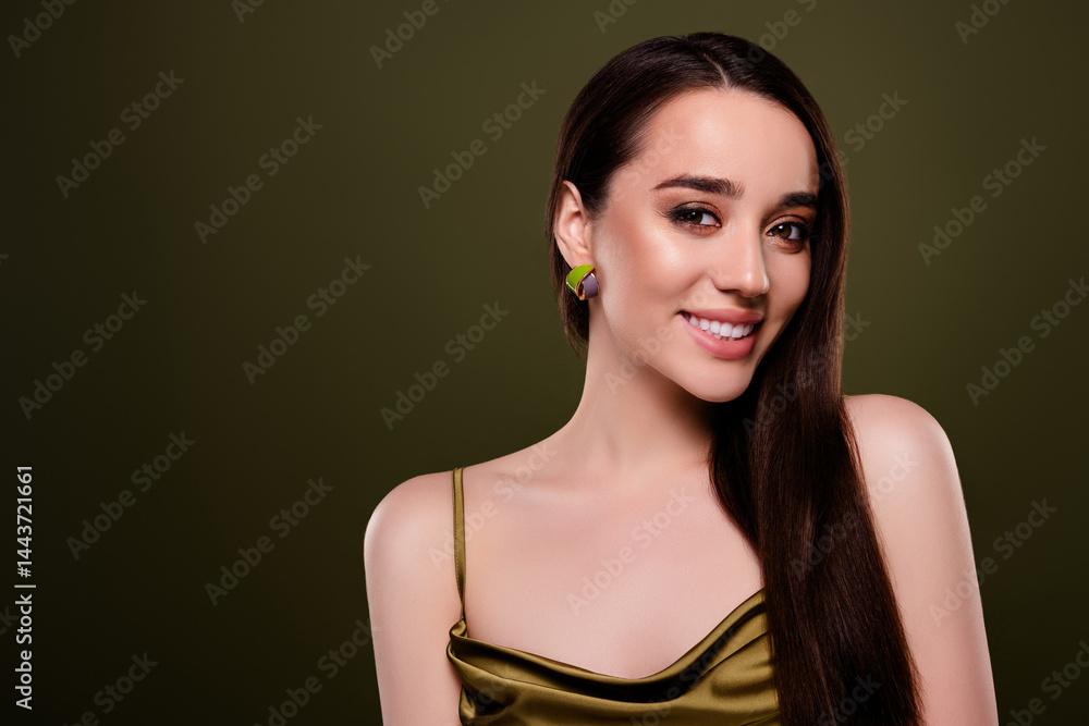 Fototapeta premium Photo of nice girl lady toothy smiling wear vogue style dress isolated green color background