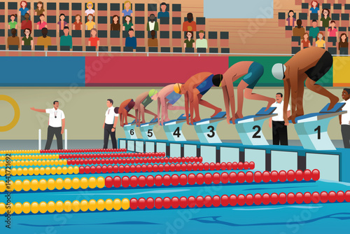 Men Swimming Competition Vector Illustration