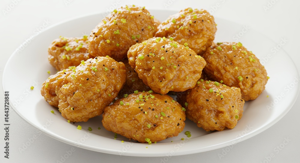 Serving of Golden Chicken Bites with Topping on White Plate Serving of Golden Chicken Bites with Topping on White Plate