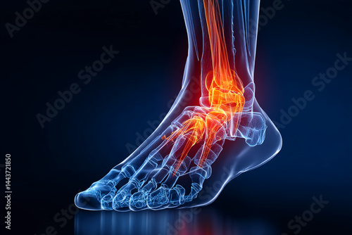 Digital rendering of human ankle joint with highlighted inflammation, showcasing medical illustration concept for pain, injury, or arthritis information