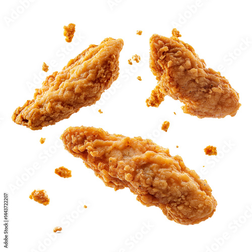 Fried chicken tenders flying isolated on white background. Crispy and delicious chicken strips with bread crumbs floating in air, isolated on white background. Fried chicken fingers