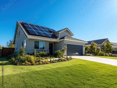 Grey house with rooftop solar panels and manicured lawn, blue sky, California, USA