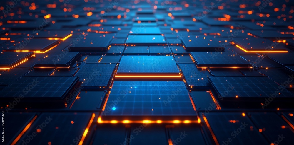 A futuristic energy field is created in dark environments by innovative solar panels illuminated with LED lights A futuristic energy field is created in dark environments by innovative solar panels illuminated with LED lights