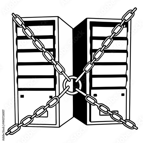 Server rack with chains tightly wrapped icon vector. Secure server rack protection logo.