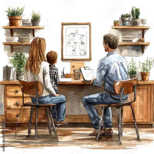 watercolor of Parent-teacher Meeting Scene, vector, isolated on a white background.