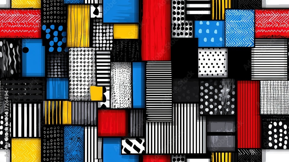 Fototapeta premium An intricate multicolor design consisting of alternating black-white stripes with overlapping red, blue, and yellow dots