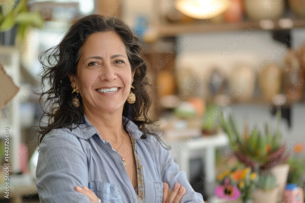 Portrait of a smiling middle aged Hispanic woman small business owner Portrait of a smiling middle aged Hispanic woman small business owner