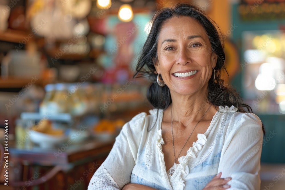Portrait of a smiling middle aged Hispanic woman small business owner Portrait of a smiling middle aged Hispanic woman small business owner