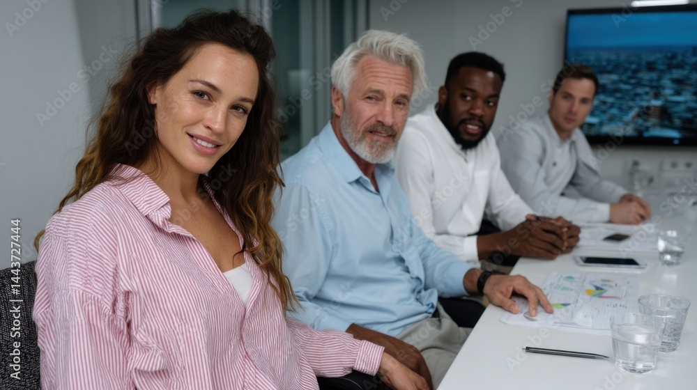 Diverse Business Meeting with Smiling Woman in Foreground and Attentive Colleagues at Conference Table Diverse Business Meeting with Smiling Woman in Foreground and Attentive Colleagues at Conference Table