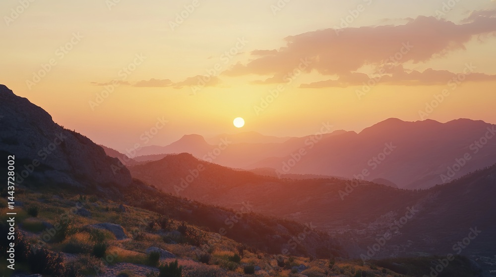 Obraz premium Majestic sunset landscape over rolling mountain ranges golden hour view sky red pink calm wild hills