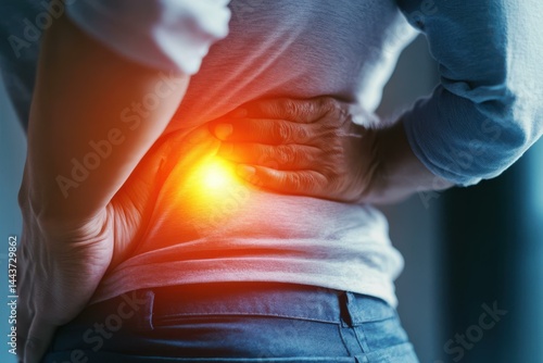 Person clutching lower back in pain, illuminated by a bright yellow-orange glow signifying localized discomfort